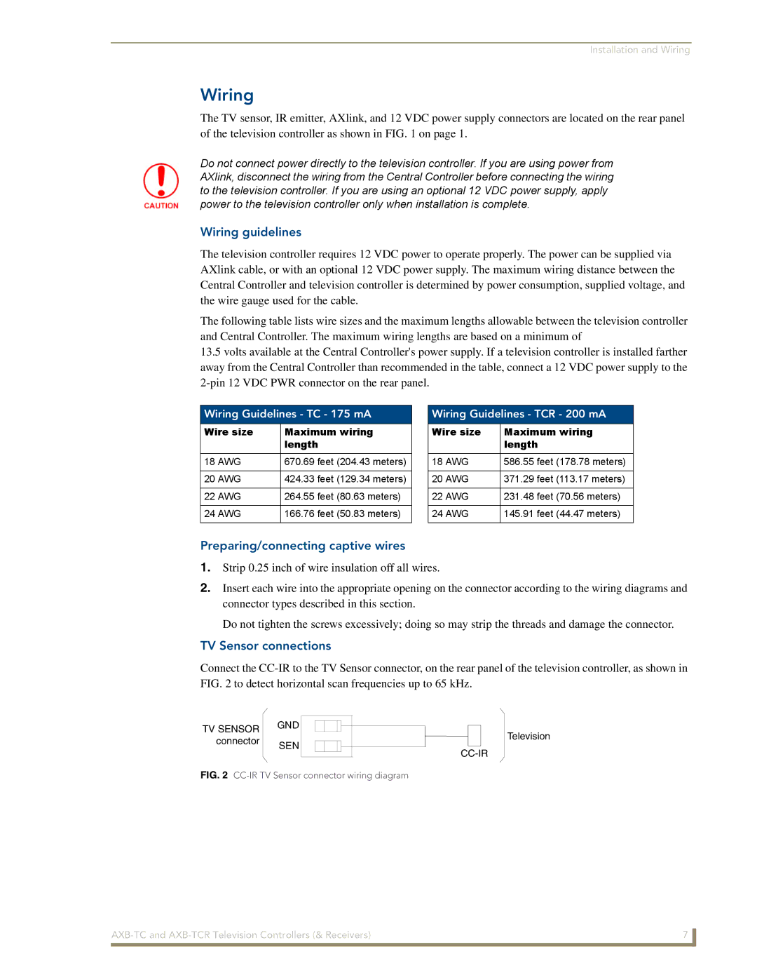 AMX AXB-TCR manual Wiring guidelines, Preparing/connecting captive wires, TV Sensor connections 