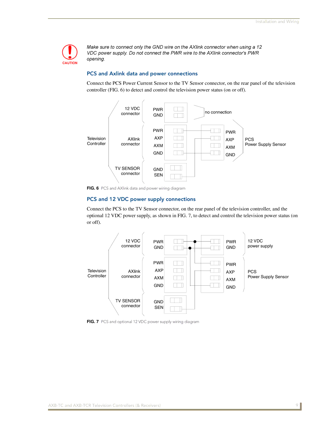 AMX AXB-TCR manual PCS and Axlink data and power connections, PCS and 12 VDC power supply connections 