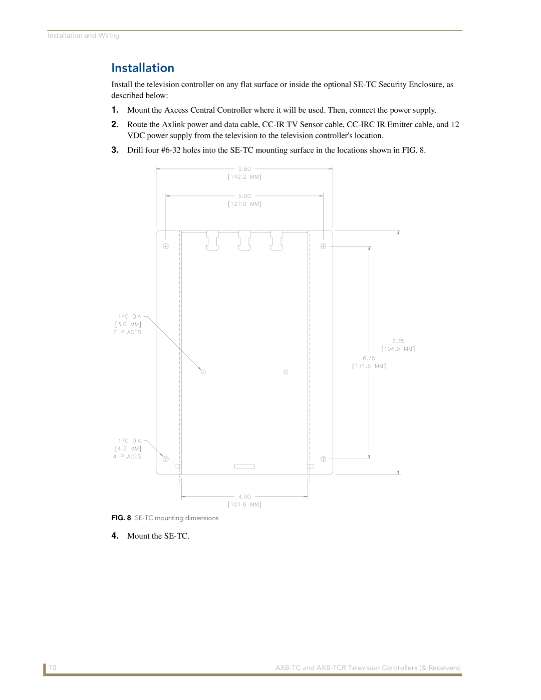 AMX AXB-TCR manual Installation, SE-TC mounting dimensions 