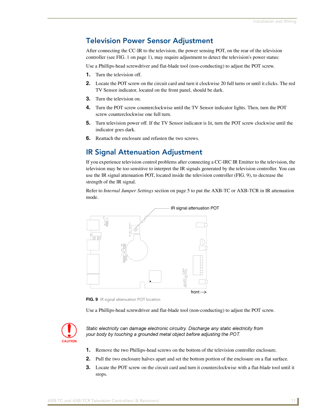 AMX AXB-TCR manual Television Power Sensor Adjustment, IR Signal Attenuation Adjustment 