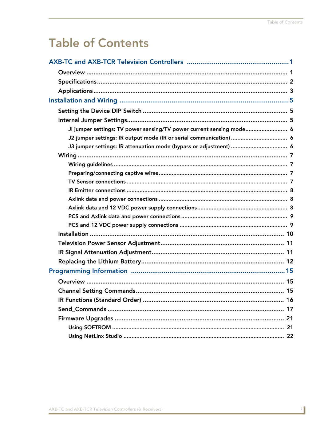 AMX AXB-TCR manual Table of Contents 