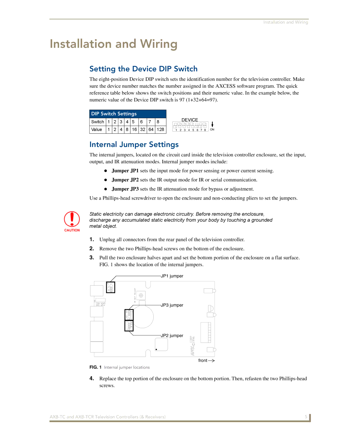 AMX AXB-TCR manual Setting the Device DIP Switch, Internal Jumper Settings, DIP Switch Settings 