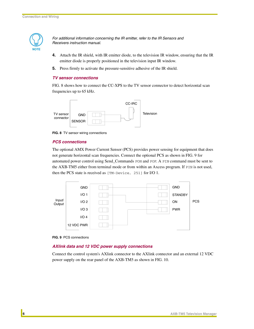 AMX AXB-TM5 instruction manual TV sensor connections, PCS connections, AXlink data and 12 VDC power supply connections 