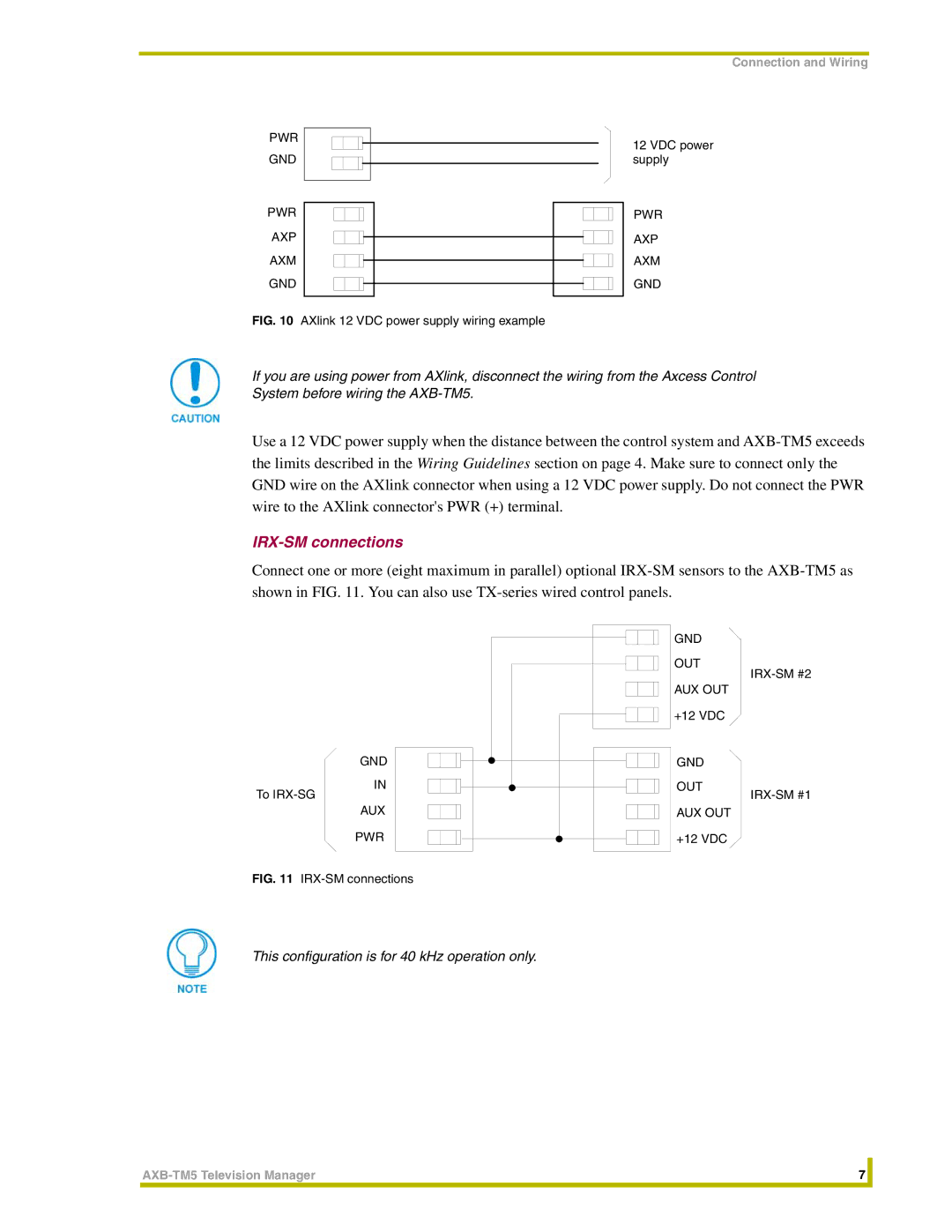 AMX AXB-TM5 instruction manual IRX-SM connections, AXlink 12 VDC power supply wiring example 