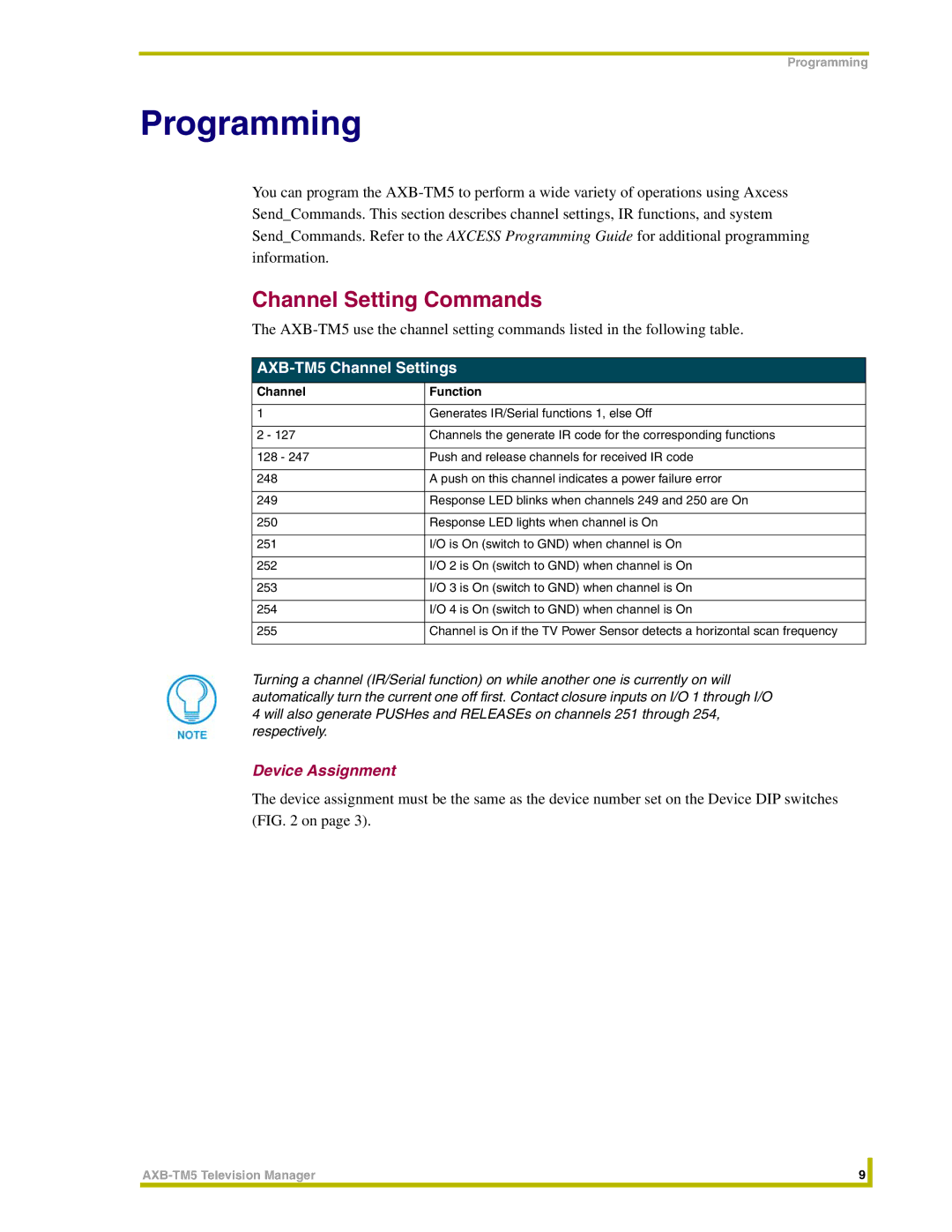 AMX Programming, Channel Setting Commands, AXB-TM5 Channel Settings, Device Assignment, Channel Function 