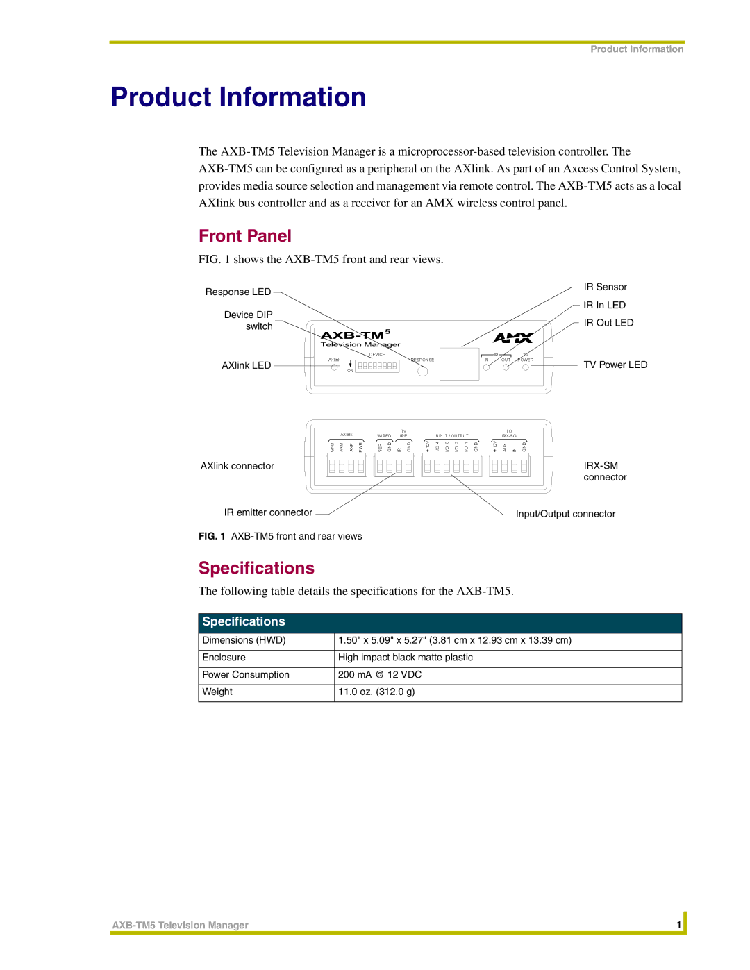 AMX AXB-TM5 instruction manual Product Information, Front Panel, Specifications 