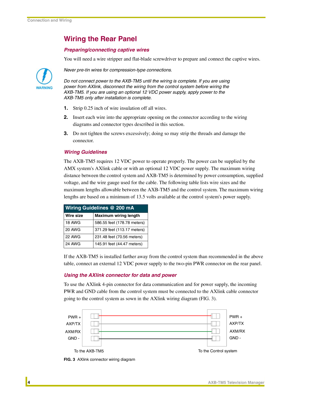 AMX AXB-TM5 instruction manual Wiring the Rear Panel, Preparing/connecting captive wires, Wiring Guidelines @ 200 mA 