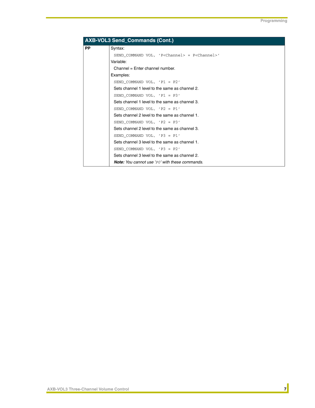 AMX AXB-VOL3 instruction manual Variable Channel = Enter channel number Examples 