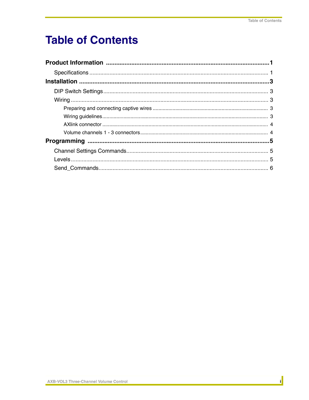 AMX AXB-VOL3 instruction manual Table of Contents 