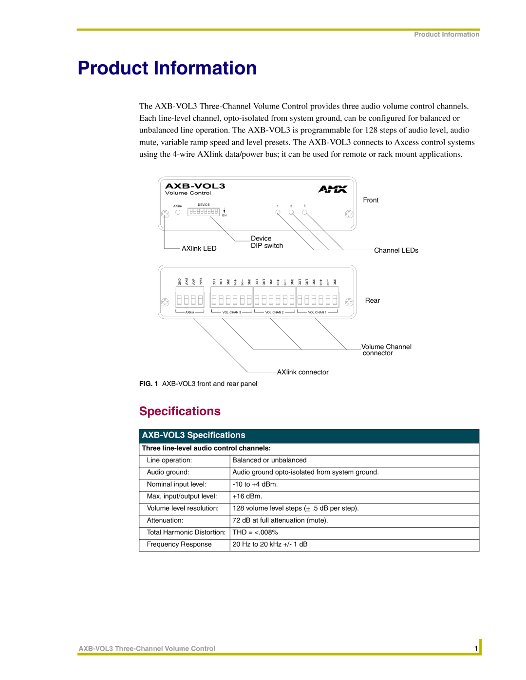 AMX instruction manual Product Information, AXB-VOL3 Specifications, Three line-level audio control channels 