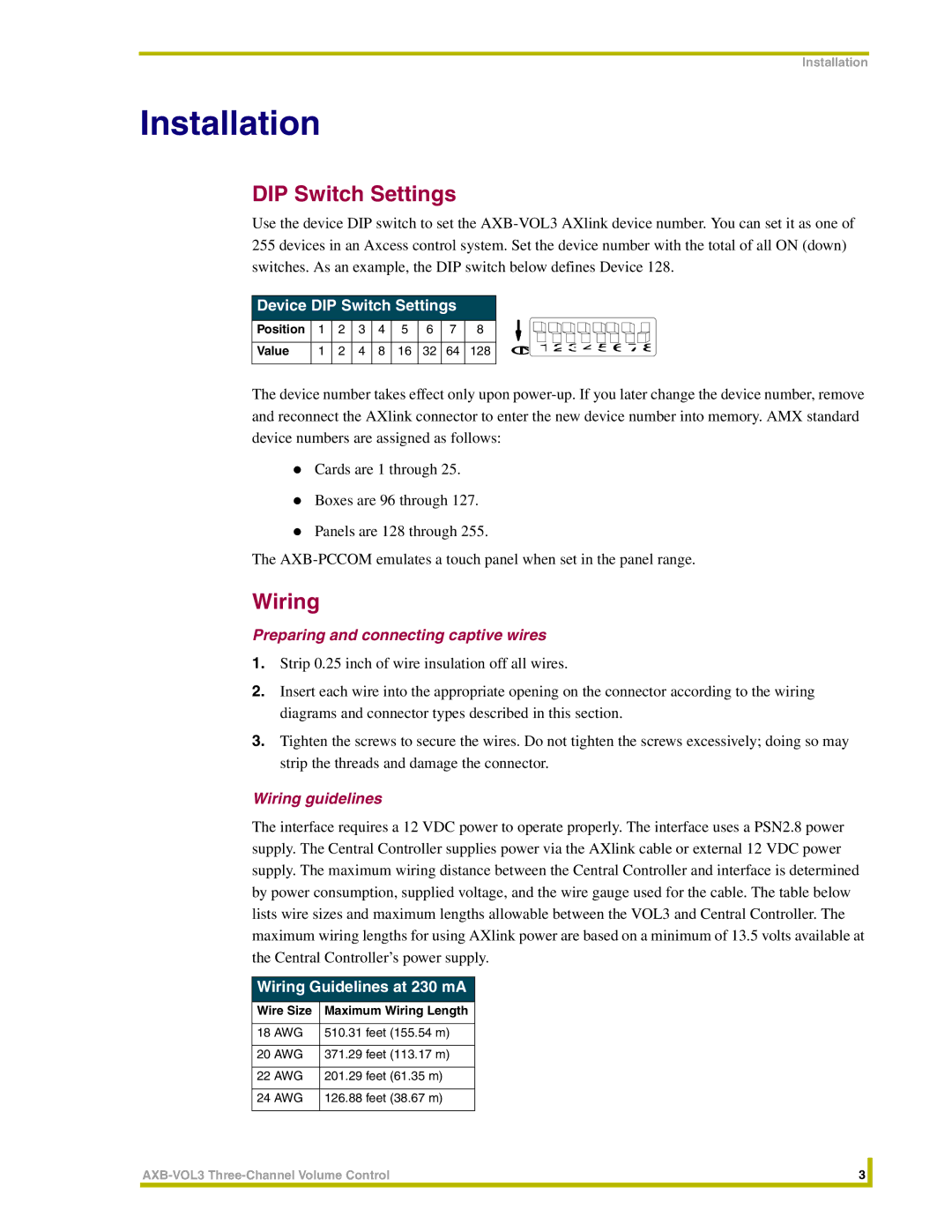 AMX AXB-VOL3 instruction manual Installation, Device DIP Switch Settings, Wiring Guidelines at 230 mA 