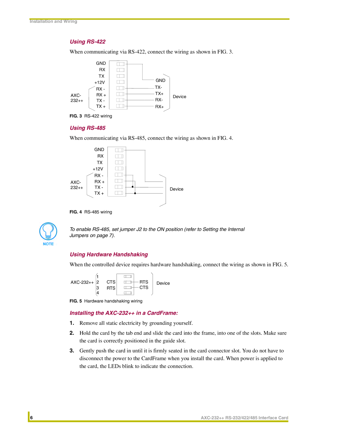 AMX instruction manual Using RS-422, Using RS-485, Using Hardware Handshaking, Installing the AXC-232++ in a CardFrame 