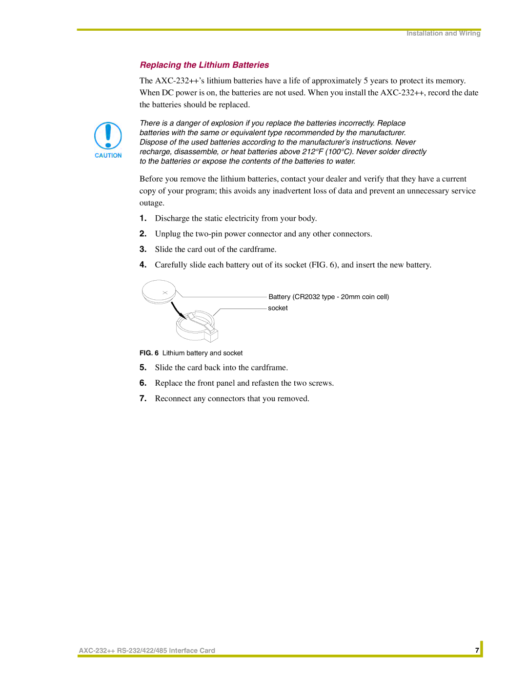 AMX AXC-232++ instruction manual Replacing the Lithium Batteries, Lithium battery and socket 