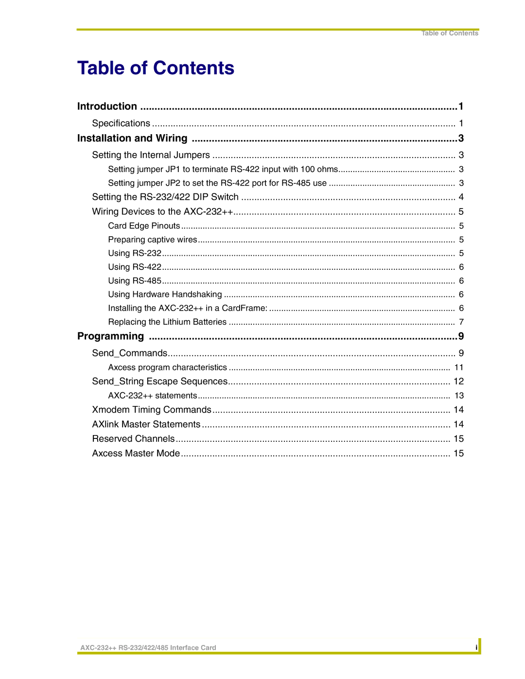 AMX AXC-232++ instruction manual Table of Contents 