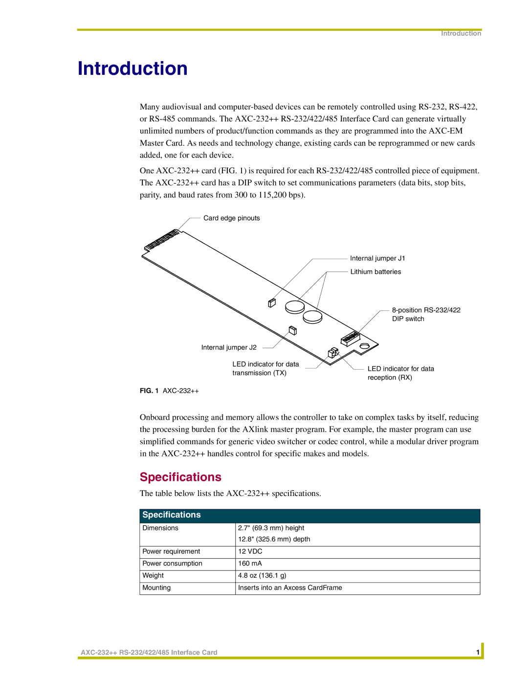 AMX AXC-232++ instruction manual Introduction, Specifications 