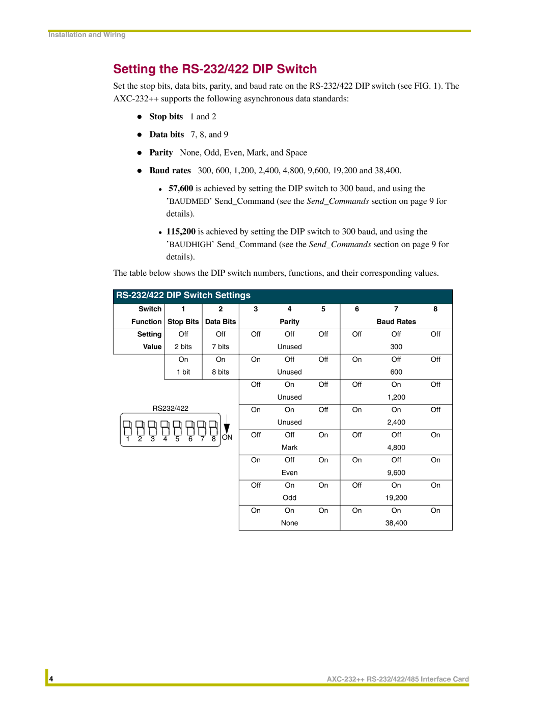 AMX AXC-232++ instruction manual Setting the RS-232/422 DIP Switch, RS-232/422 DIP Switch Settings 