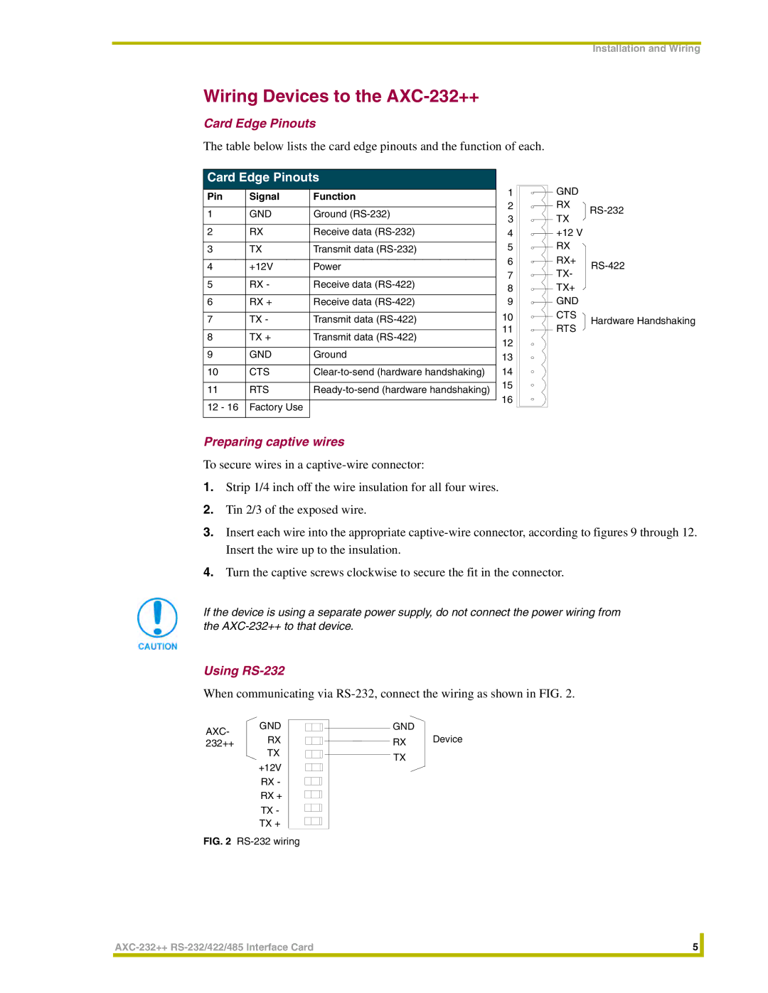 AMX instruction manual Wiring Devices to the AXC-232++, Card Edge Pinouts, Preparing captive wires, Using RS-232 