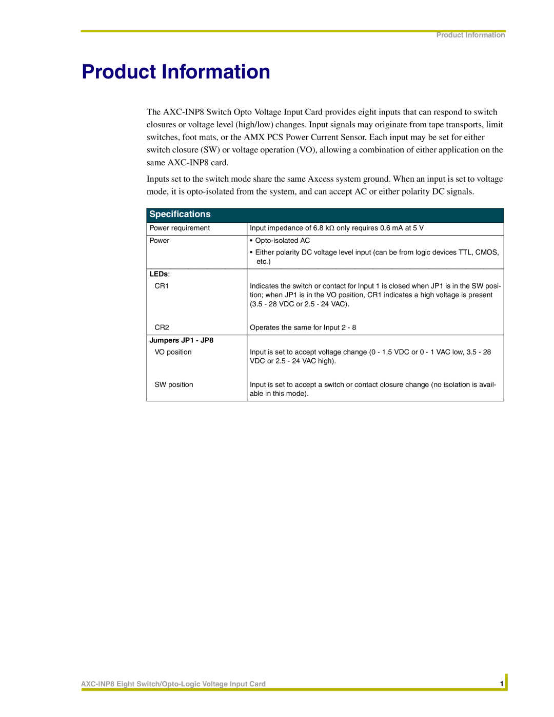 AMX AXC-INP8 instruction manual Product Information, Specifications 