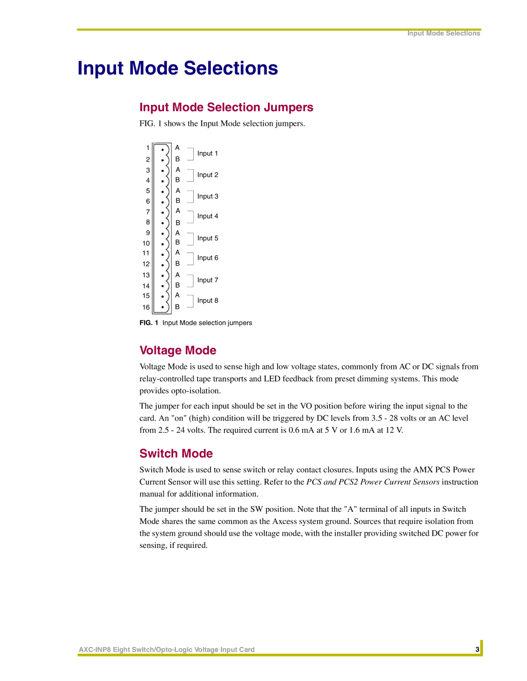 AMX AXC-INP8 instruction manual Input Mode Selections, Voltage Mode 