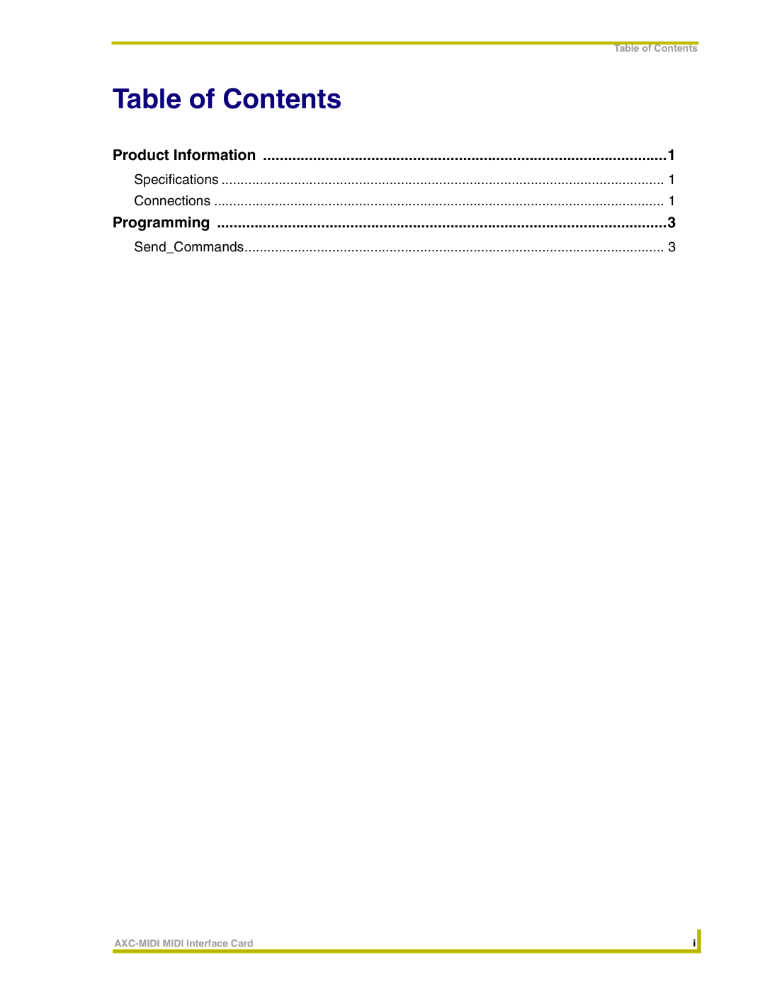 AMX AXC-MIDI instruction manual Table of Contents 