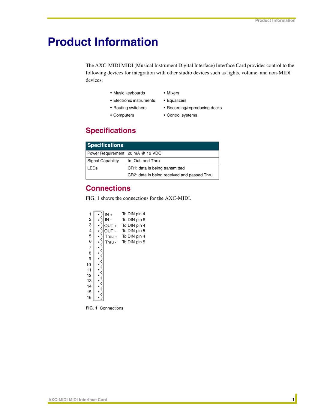 AMX AXC-MIDI instruction manual Product Information, Specifications, Connections 