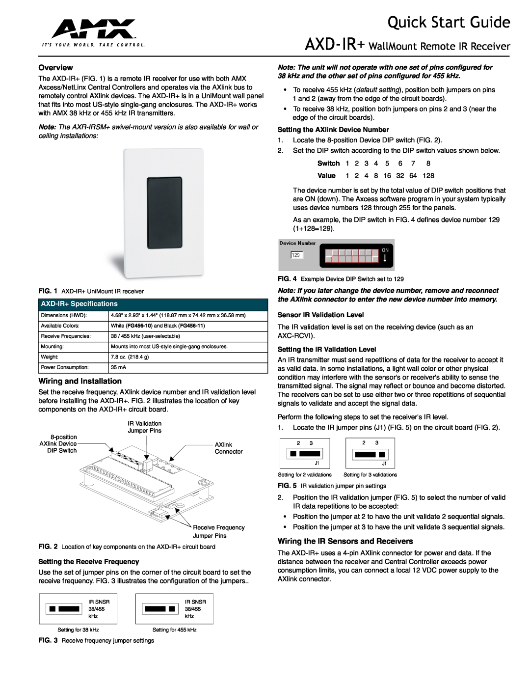 AMX quick start Overview, Wiring and Installation, Wiring the IR Sensors and Receivers, AXD-IR+Specifications, Switch 