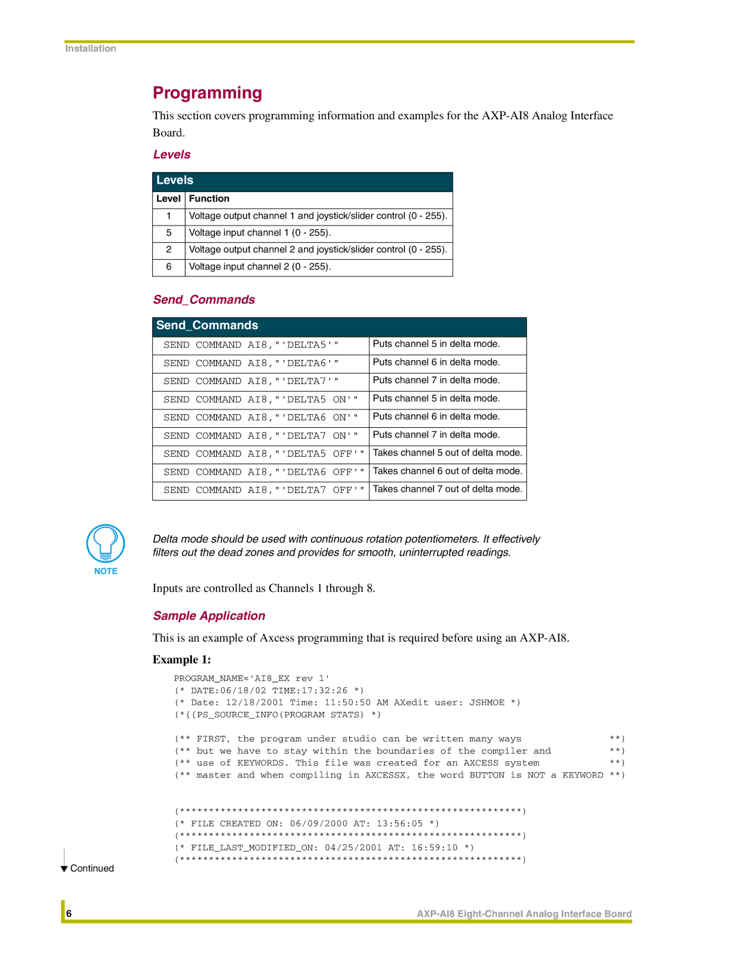 AMX AXP-AI8 instruction manual Programming, Levels, SendCommands, Sample Application, Pssourceinfoprogram Stats 