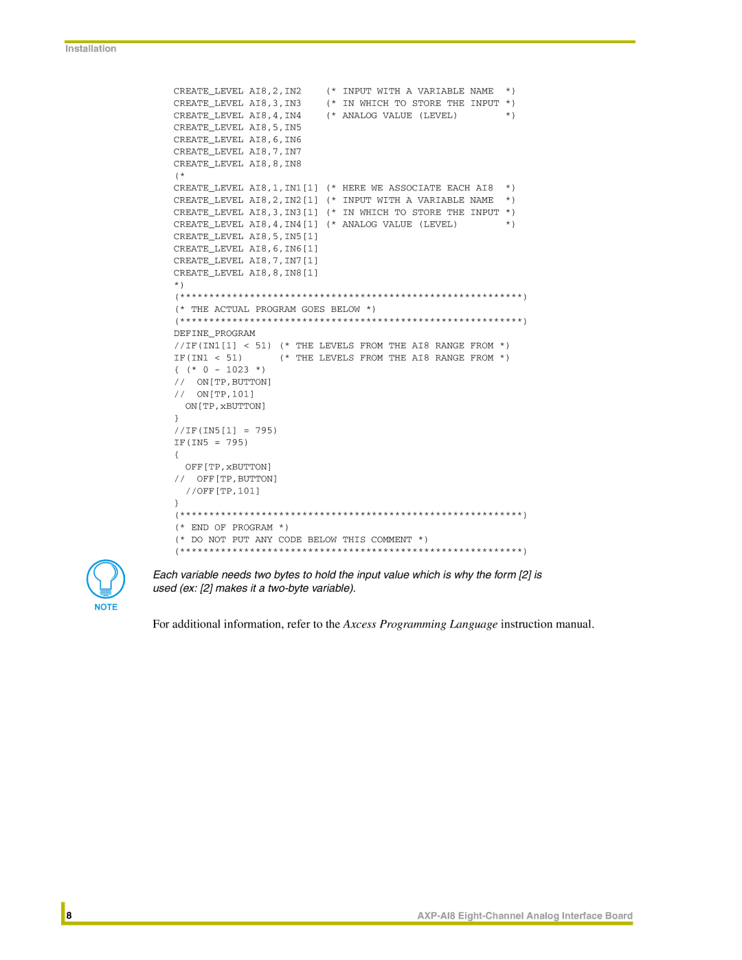 AMX AXP-AI8 Createlevel AI8,2,IN2, Createlevel AI8,3,IN3, Createlevel AI8,4,IN41 * Analog Value Level, ONTP,xBUTTON 