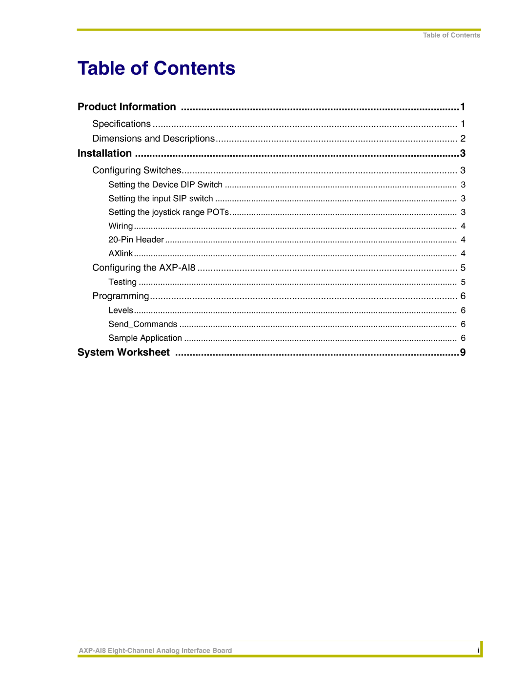 AMX AXP-AI8 instruction manual Table of Contents 