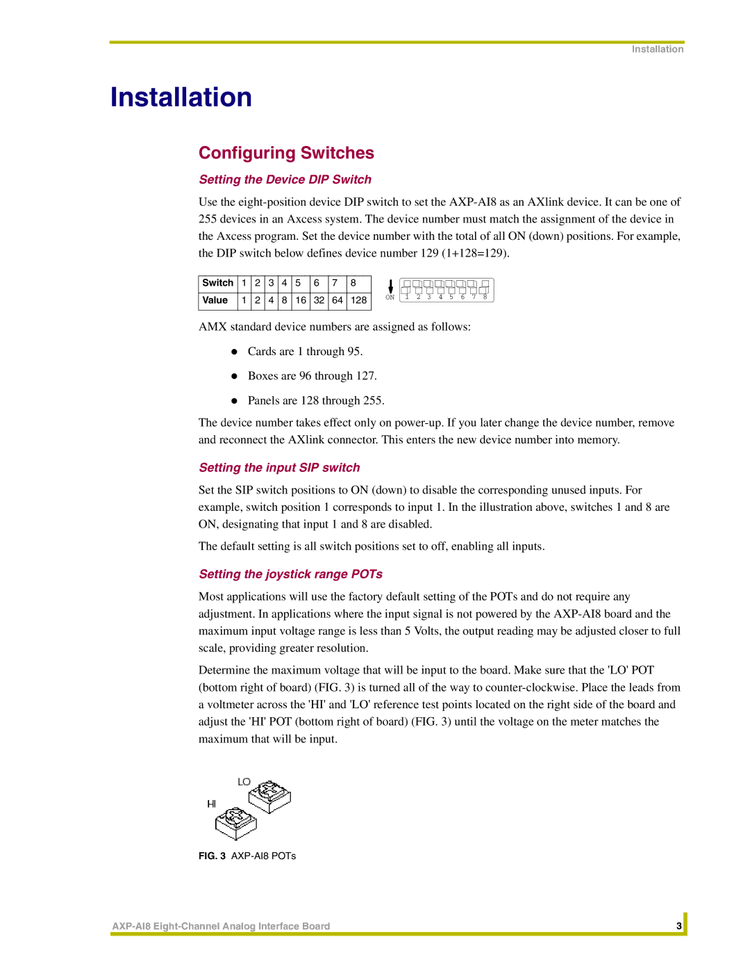 AMX AXP-AI8 Installation, Configuring Switches, Setting the Device DIP Switch, Setting the input SIP switch 