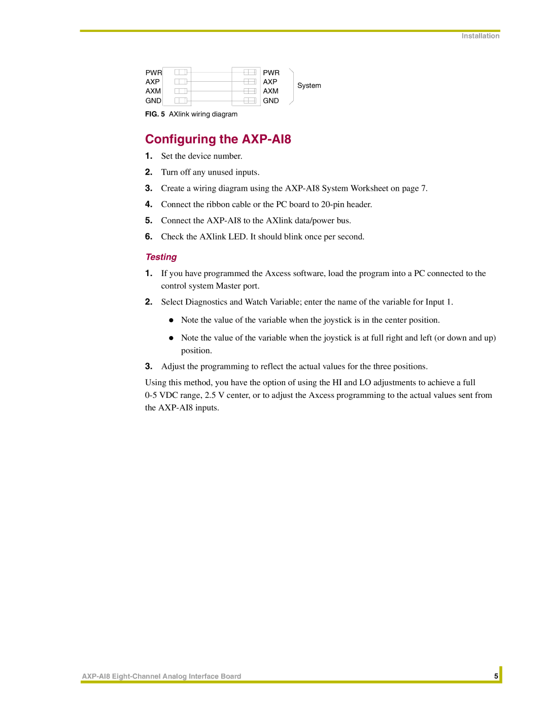 AMX instruction manual Configuring the AXP-AI8, Testing 