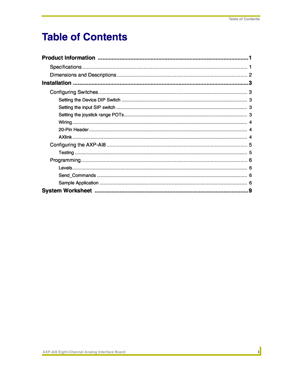 AMX AXP-AI8 instruction manual Table of Contents, Product Information, Installation, System Worksheet 