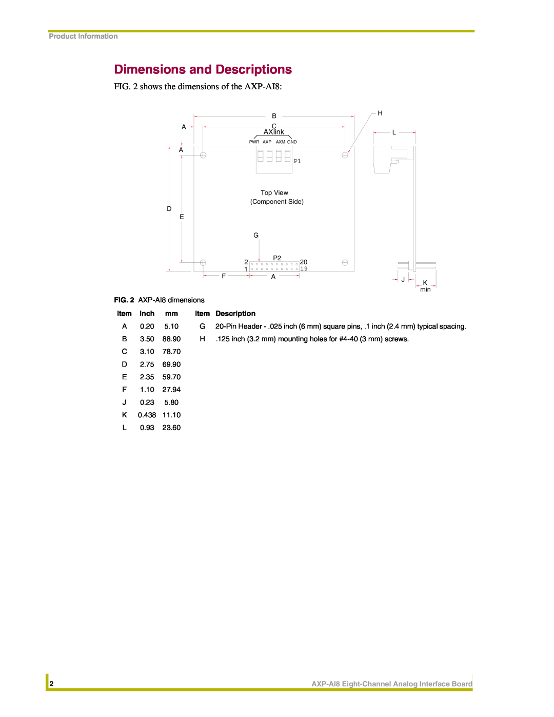 AMX instruction manual Dimensions and Descriptions, shows the dimensions of the AXP-AI8, Product Information, Inch 
