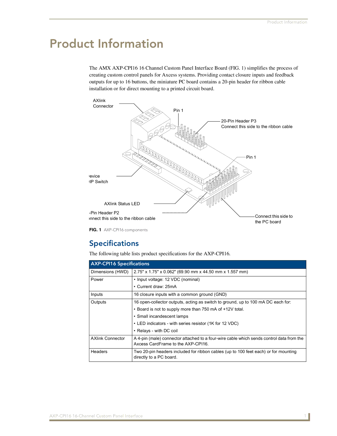 AMX AXP-CPI16 manual Product Information, Specifications 