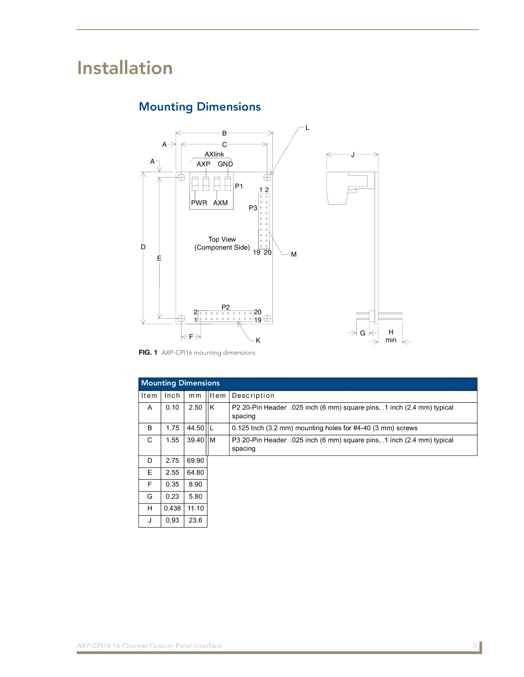 AMX AXP-CPI16 manual Installation, Mounting Dimensions 