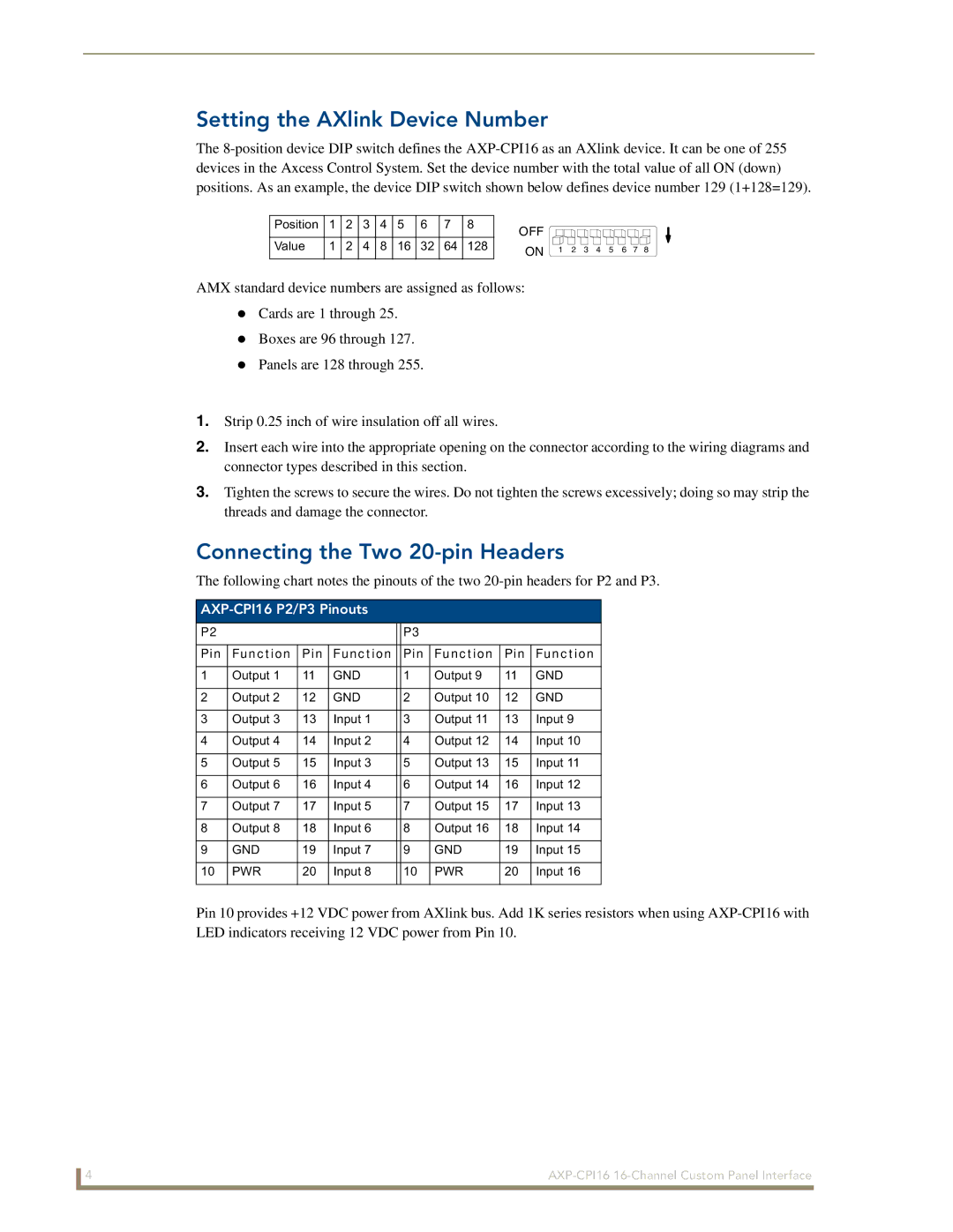 AMX AXP-CPI16 manual Setting the AXlink Device Number, Connecting the Two 20-pin Headers 