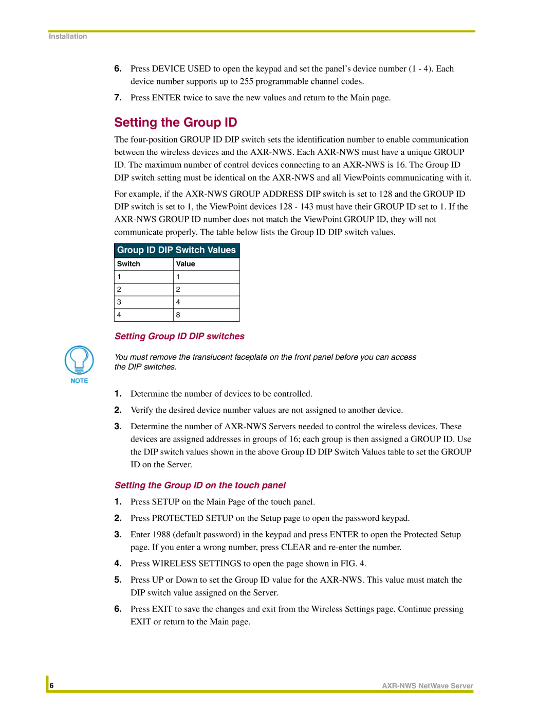 AMX AXR-NWS instruction manual Setting the Group ID, Group ID DIP Switch Values, Setting Group ID DIP switches 