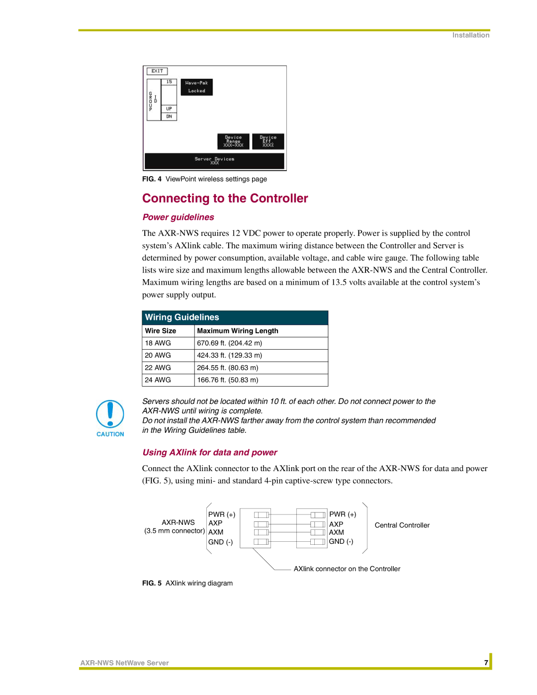 AMX AXR-NWS Connecting to the Controller, Power guidelines, Wiring Guidelines, Using AXlink for data and power 