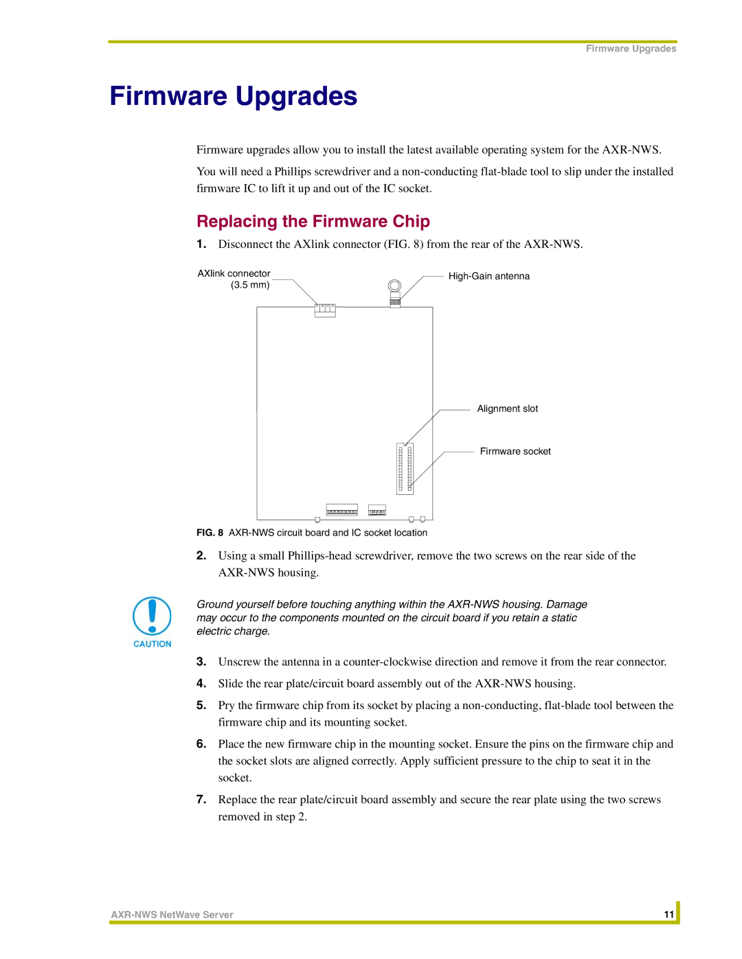 AMX AXR-NWS instruction manual Firmware Upgrades, Replacing the Firmware Chip 