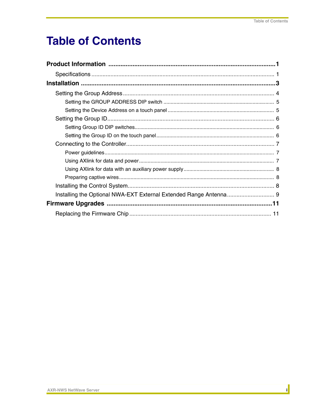 AMX AXR-NWS instruction manual Table of Contents 