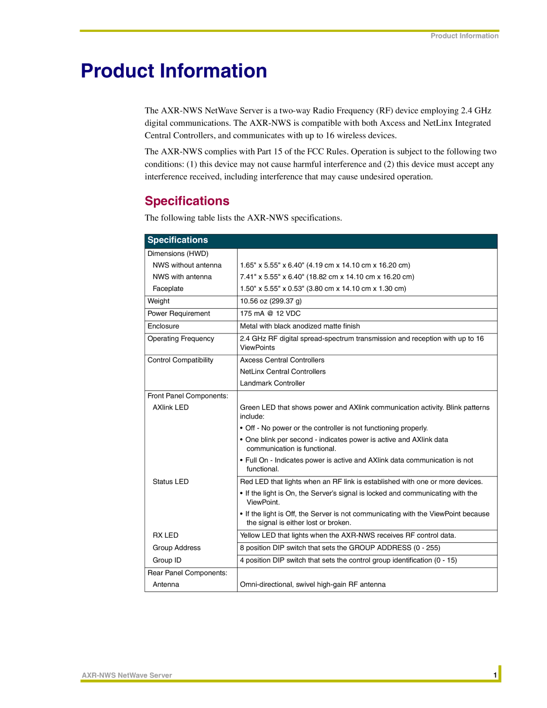 AMX AXR-NWS instruction manual Product Information, Specifications 