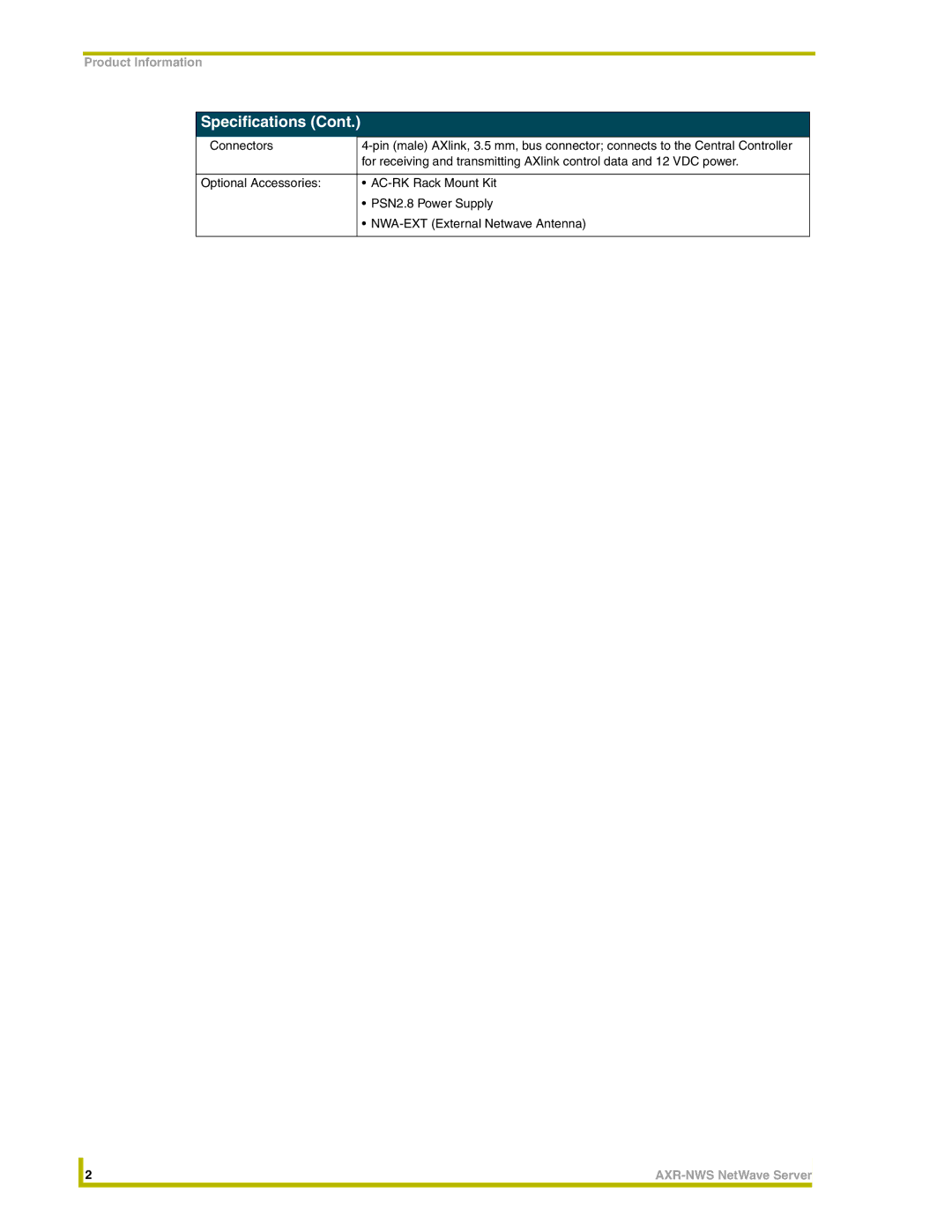 AMX AXR-NWS instruction manual Specifications 