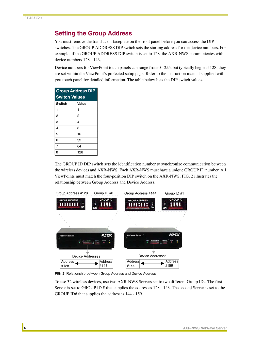 AMX AXR-NWS instruction manual Setting the Group Address, Group Address DIP Switch Values 