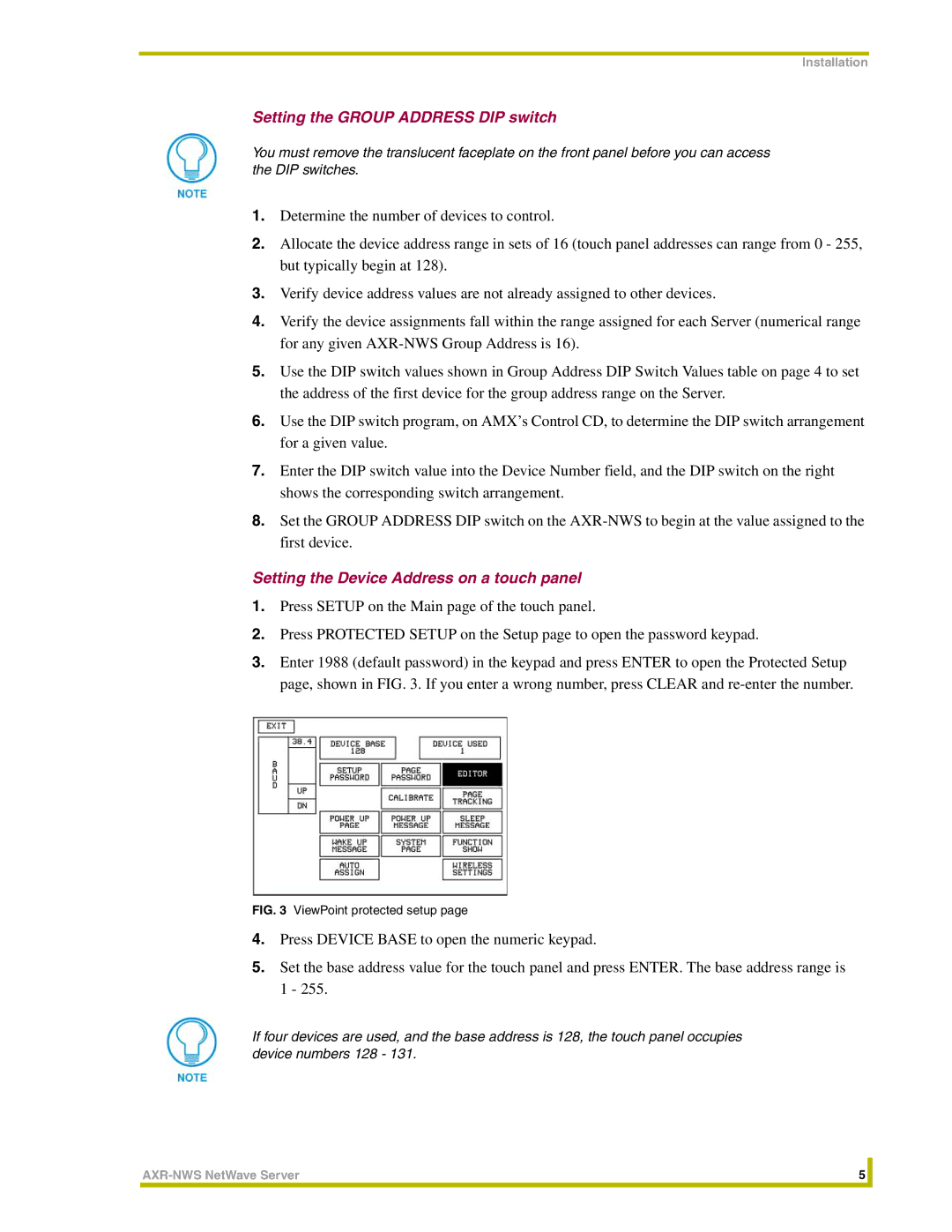 AMX AXR-NWS instruction manual Setting the Group Address DIP switch, Setting the Device Address on a touch panel 