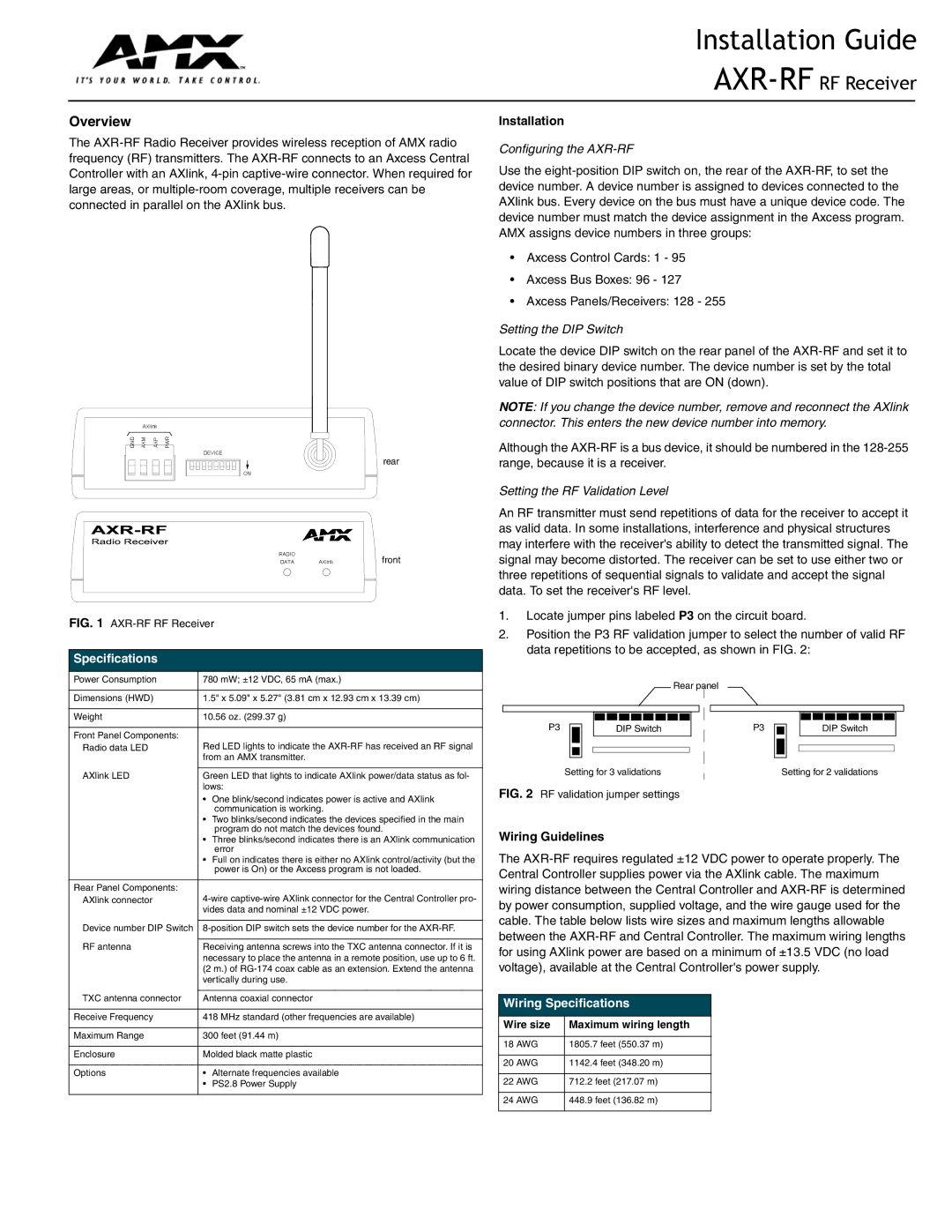 AMX AXR-RF specifications Installation, Wiring Guidelines, Wiring Specifications 