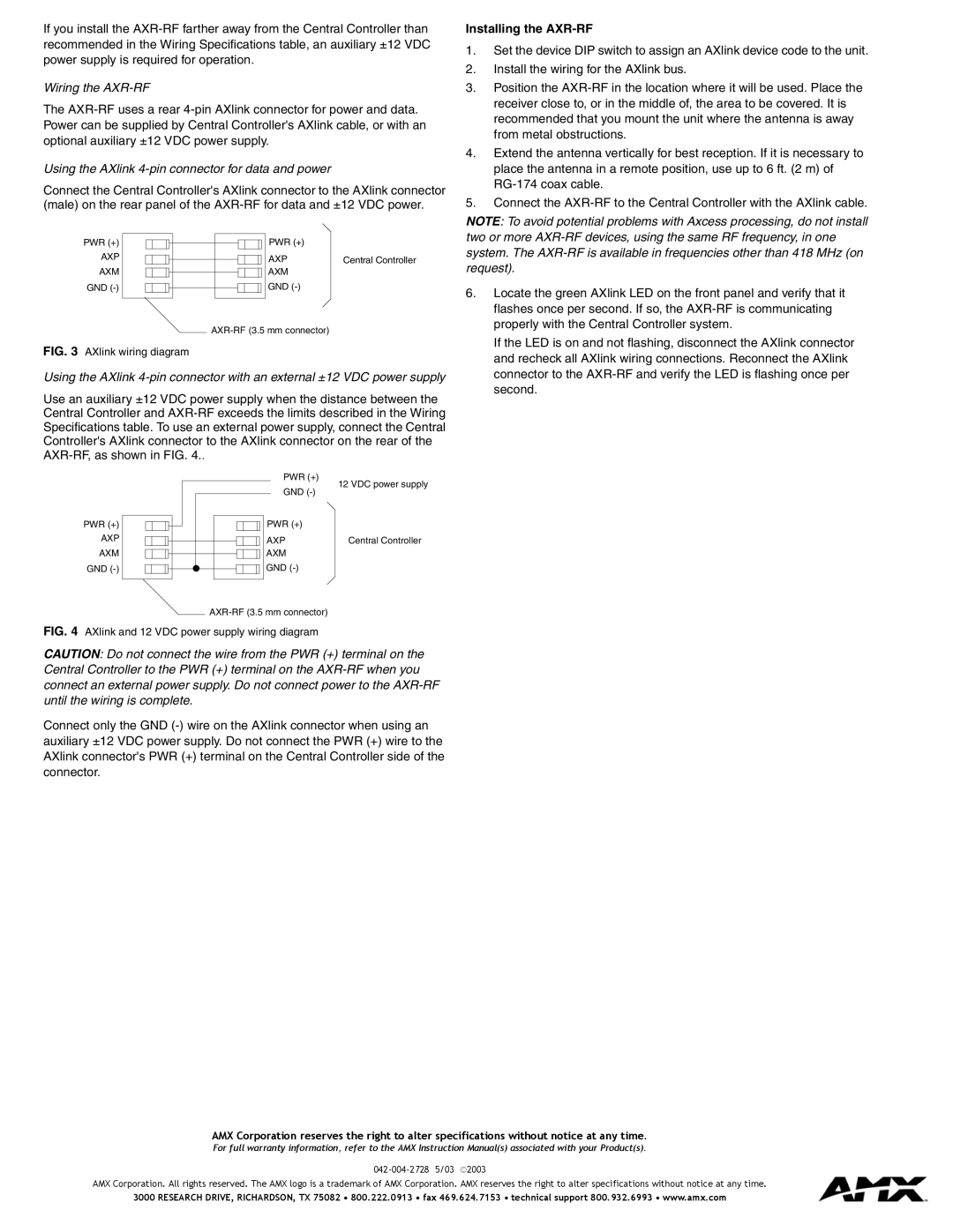AMX specifications Wiring the AXR-RF, Using the AXlink 4-pin connector for data and power, Installing the AXR-RF 