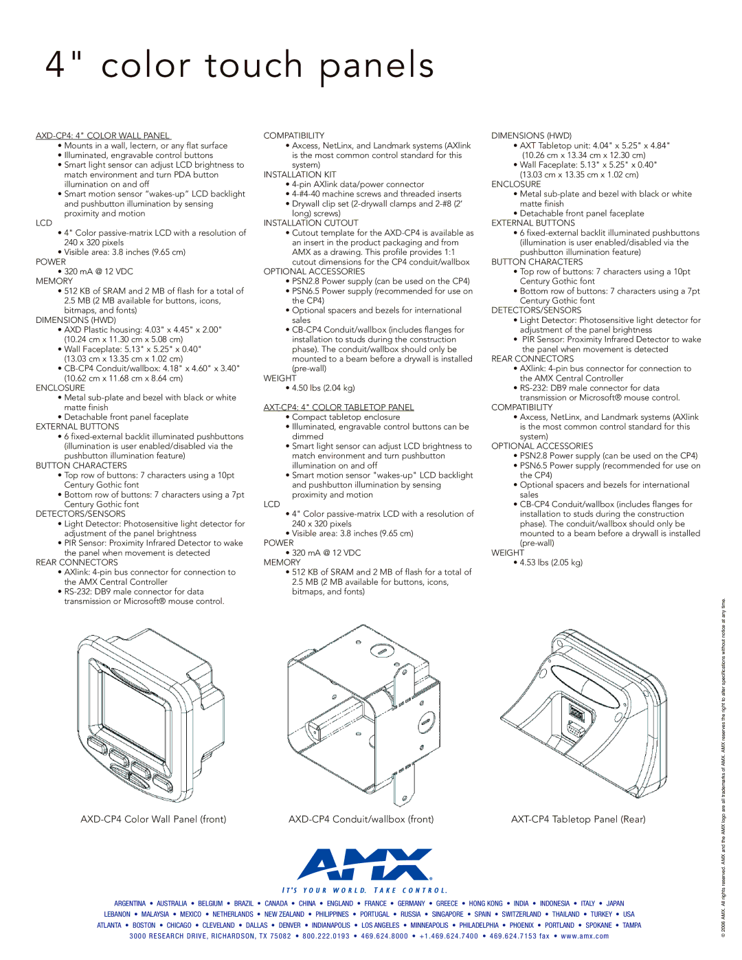 AMX AXT-CP4 AXD-CP4 4 Color Wall Panel Compatibility Dimensions HWD, Installation KIT, Enclosure, Power, Button Characters 