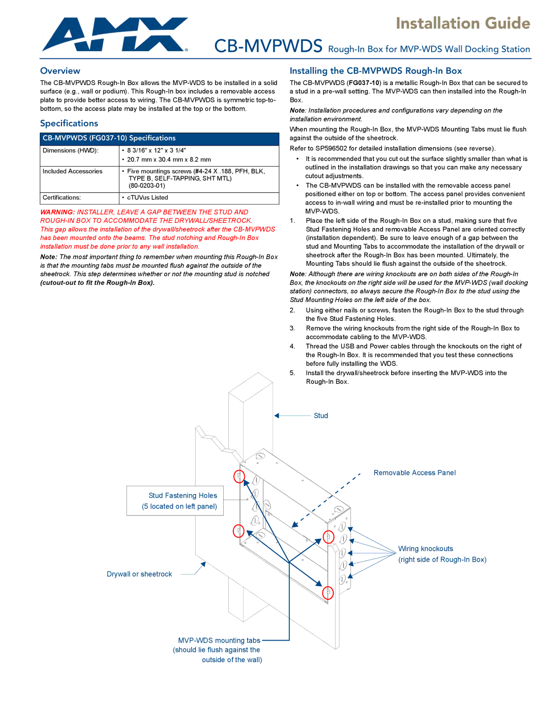 AMX specifications Installation Guide, Specifications, Installing the CB-MVPWDS Rough-In Box 