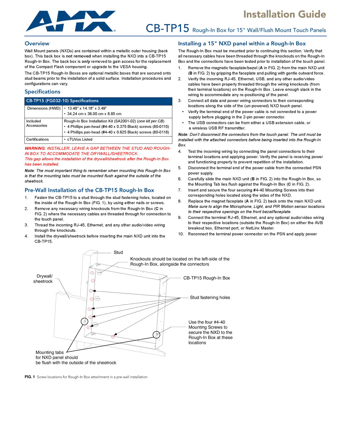 AMX specifications Installation Guide, Pre-Wall Installation of the CB-TP15 Rough-In Box 