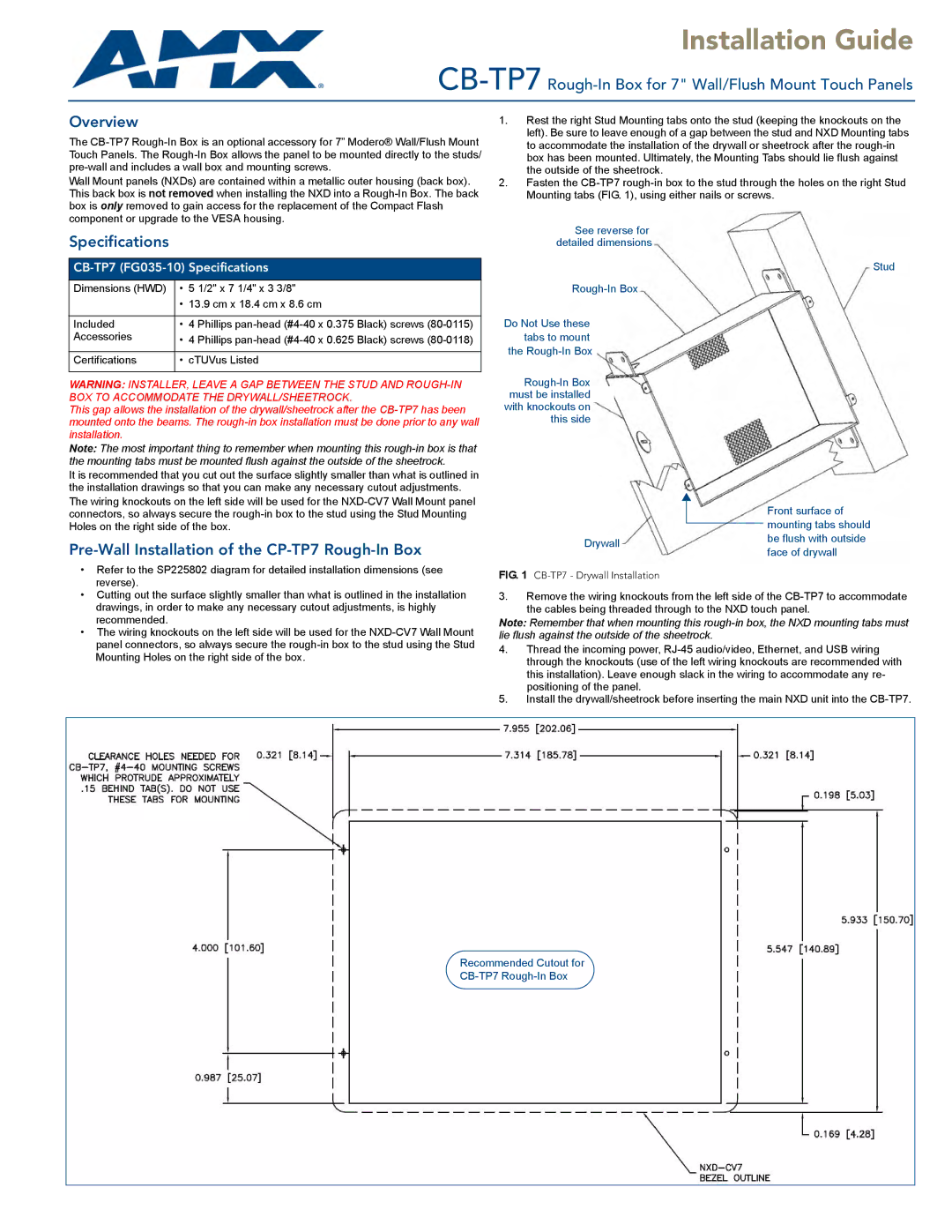 AMX CB-TP7 specifications Installation Guide, Specifications, Pre-Wall Installation of the CP-TP7 Rough-In Box 